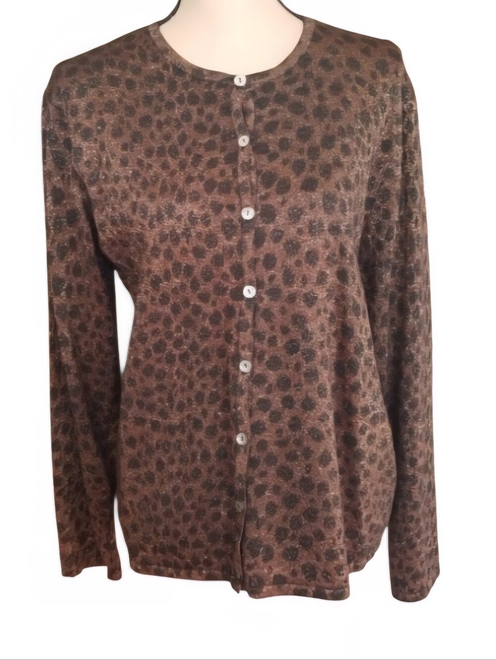 Cignal Leopard Print Crewneck Button Front Cardigan Sweater Brown Size L